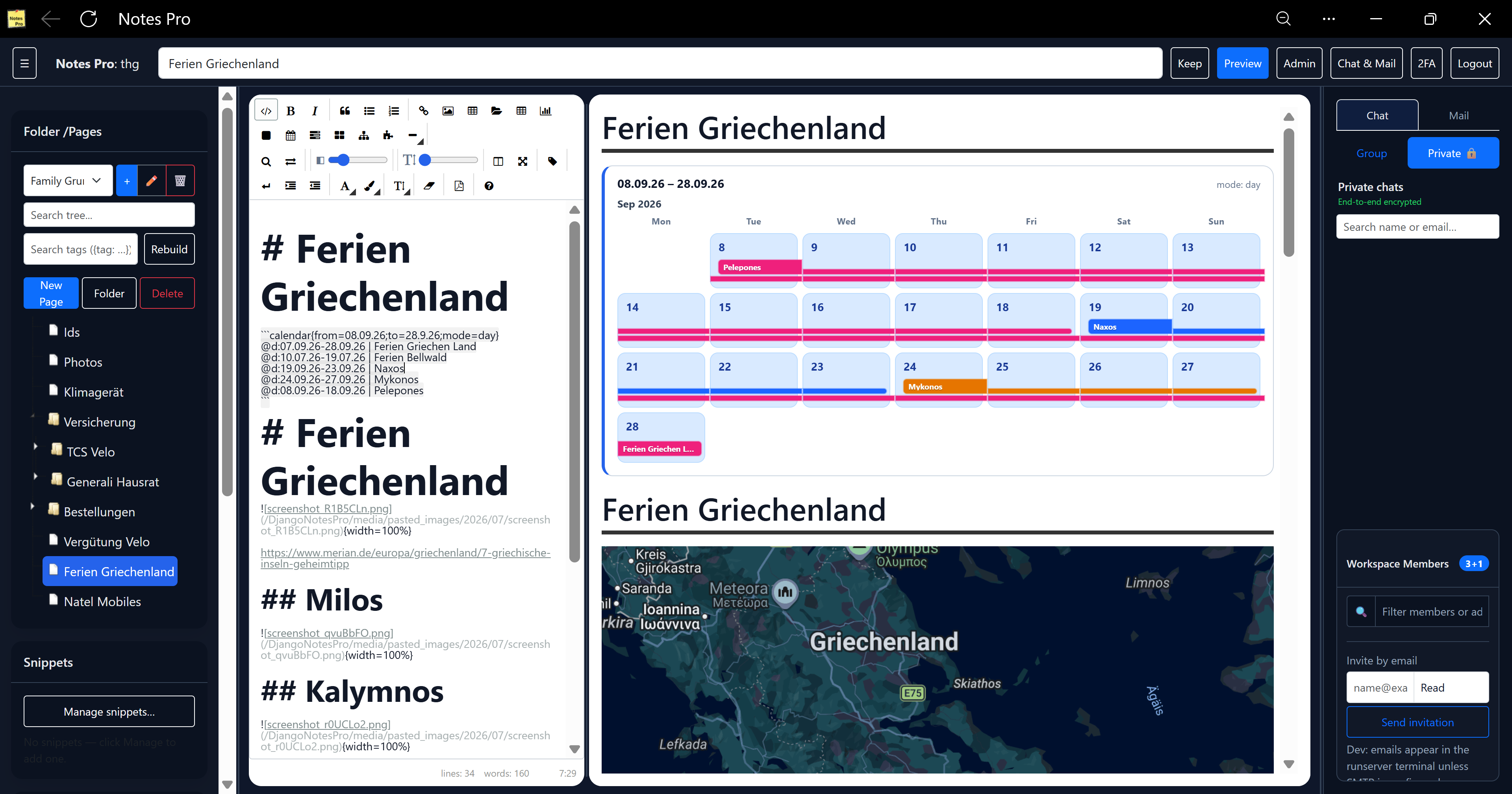 NotesPro dashboard — tree, markdown editor, live preview with calendar, and team chat